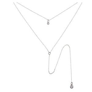 925 Sterling Silver Rhodium Plated Double Chain Drop Necklace with CZ